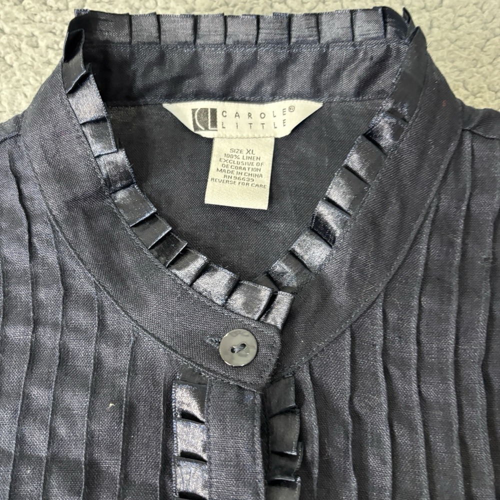Carole Little Blouse XL Navy Blue Pintuck Ribbon Trim Cottagecore Minimalist - Picture 7 of 9
